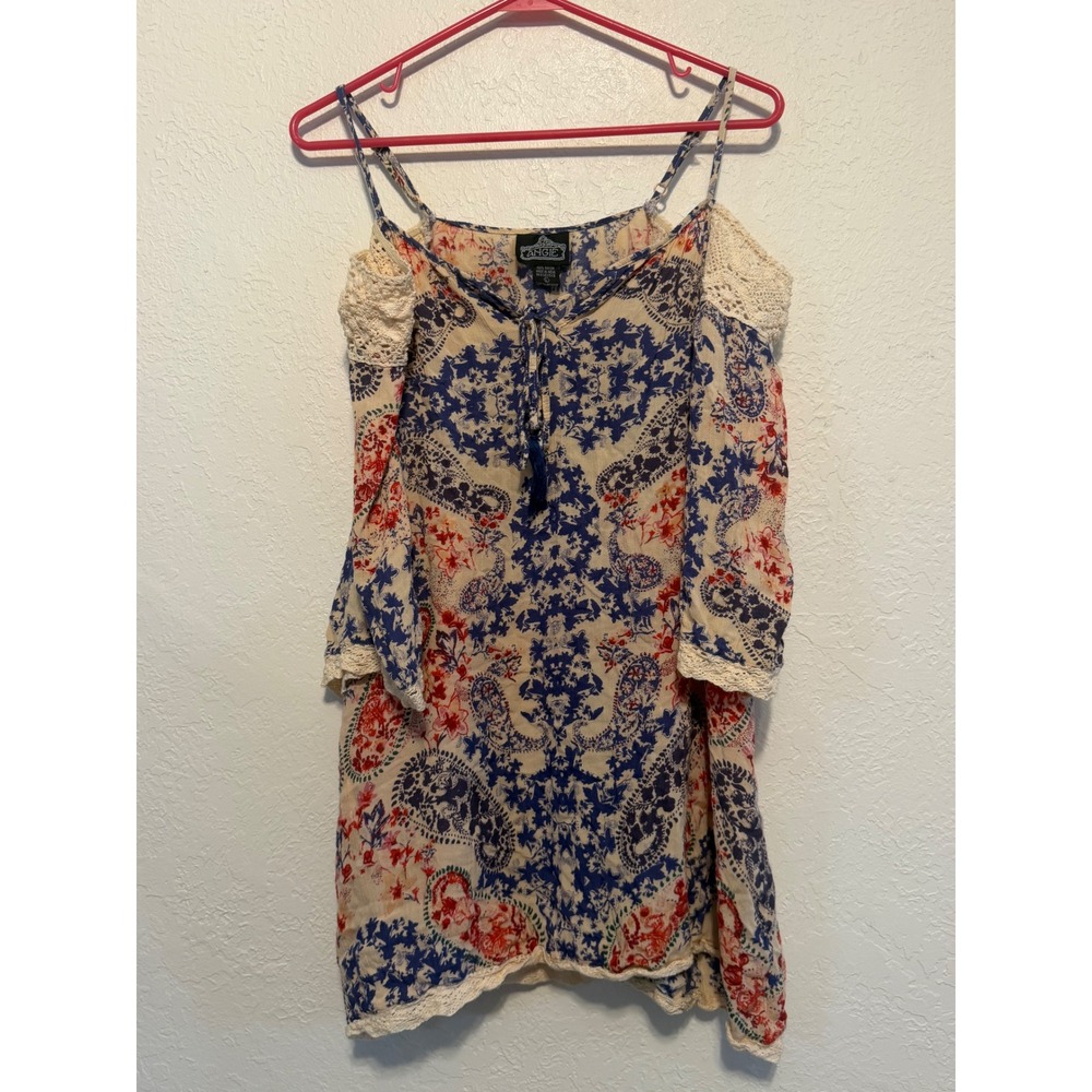 Angie Cold Shoulder Paisley Floral Boho Top Blue Red Crochet Lace Tassel Large